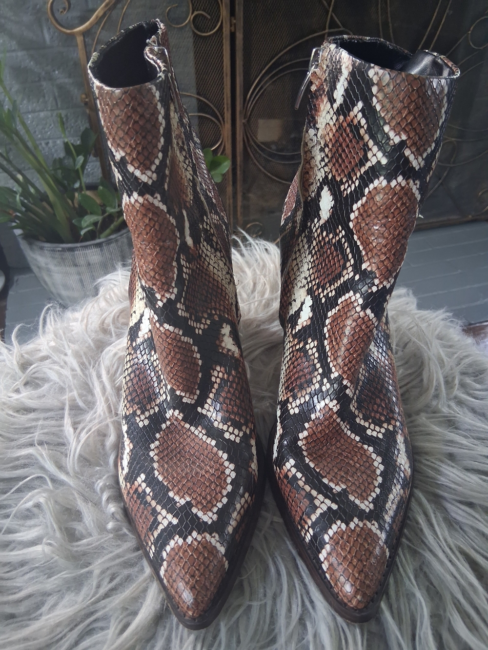 Nine West Brown Black Snake Print Pointed Toe Ankle Boots